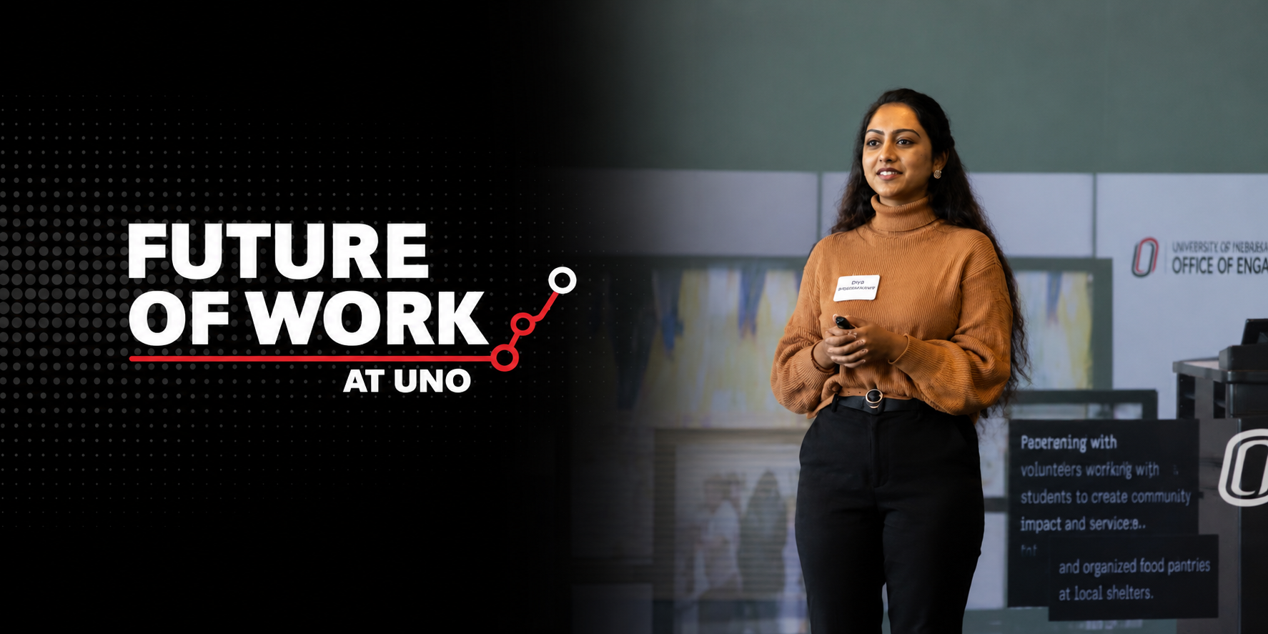 Future of Work at UNO banner featuring a woman presenting during a university event.