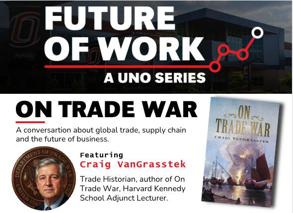Future of work title in white color font, in a dark background , featuring the book' cover "On Trade War" and the author's headshot.