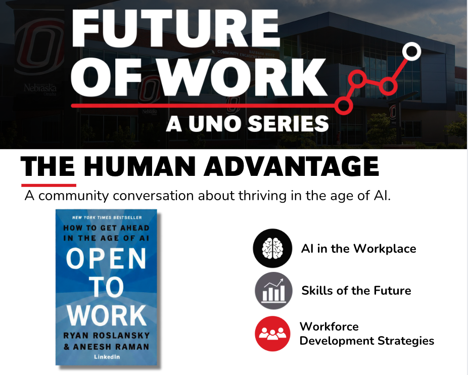 Future of work title in white color font, in a dark background , featuring the book "Open to work" streaming the title "The human advantage"