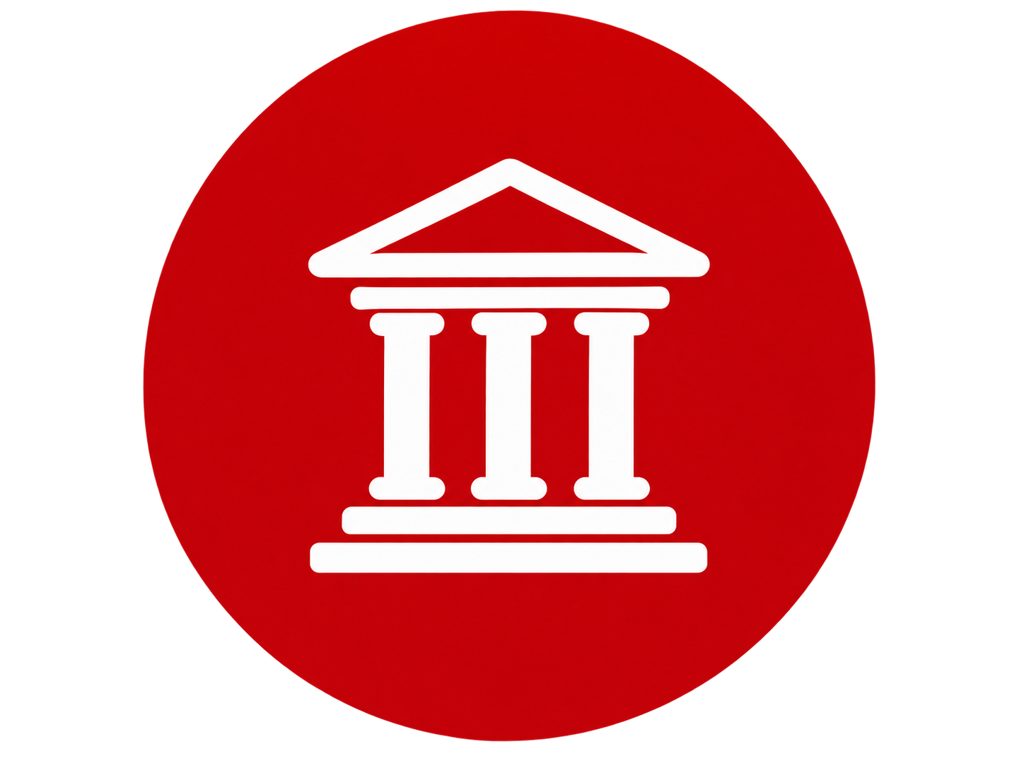 White ancient building icon inside a red circle on a transparent background, representing professional learning, executive education, and career development.