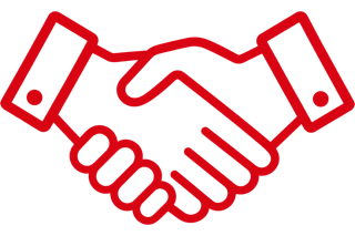 red color icon image of a handshake.