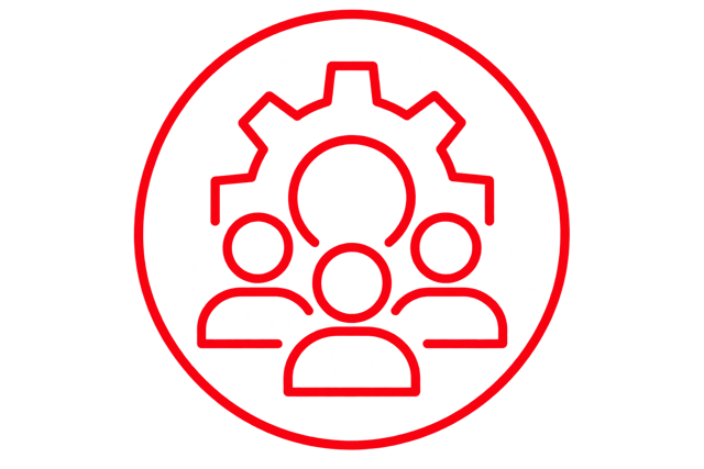 Red line-art icon depicting three people in front of a gear inside a circular outline, symbolizing collaboration, workforce development, innovation, and organizational problem-solving.