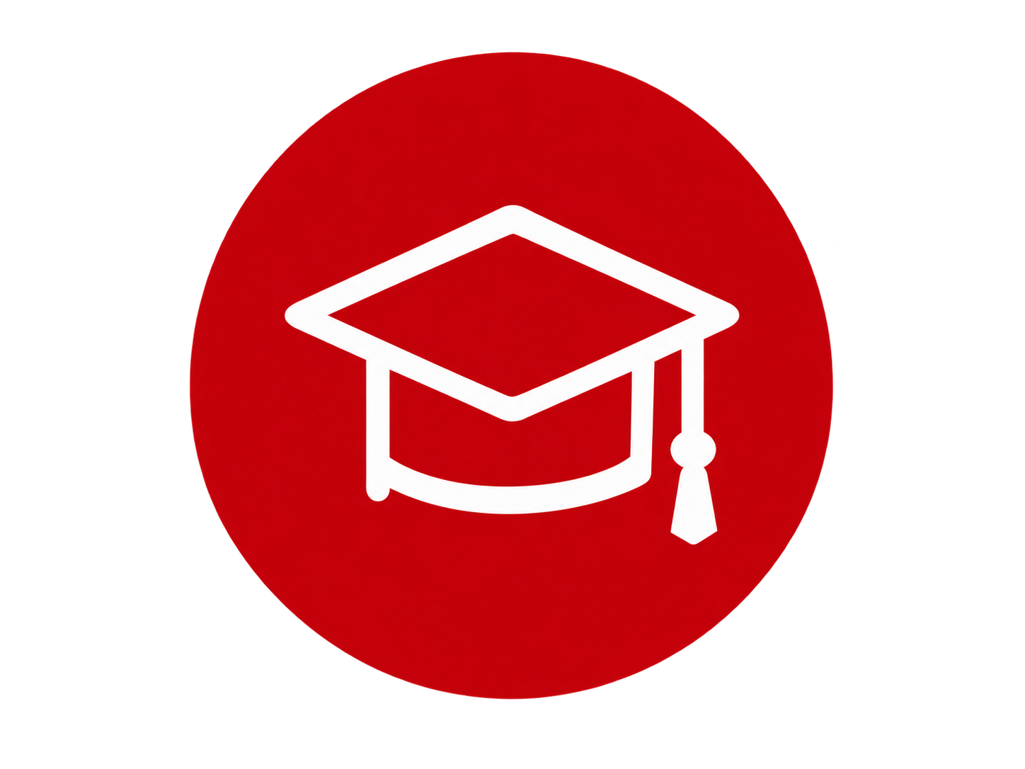 White graduation cap hat icon inside a red circle on a transparent background, representing professional learning, executive education, and career development.