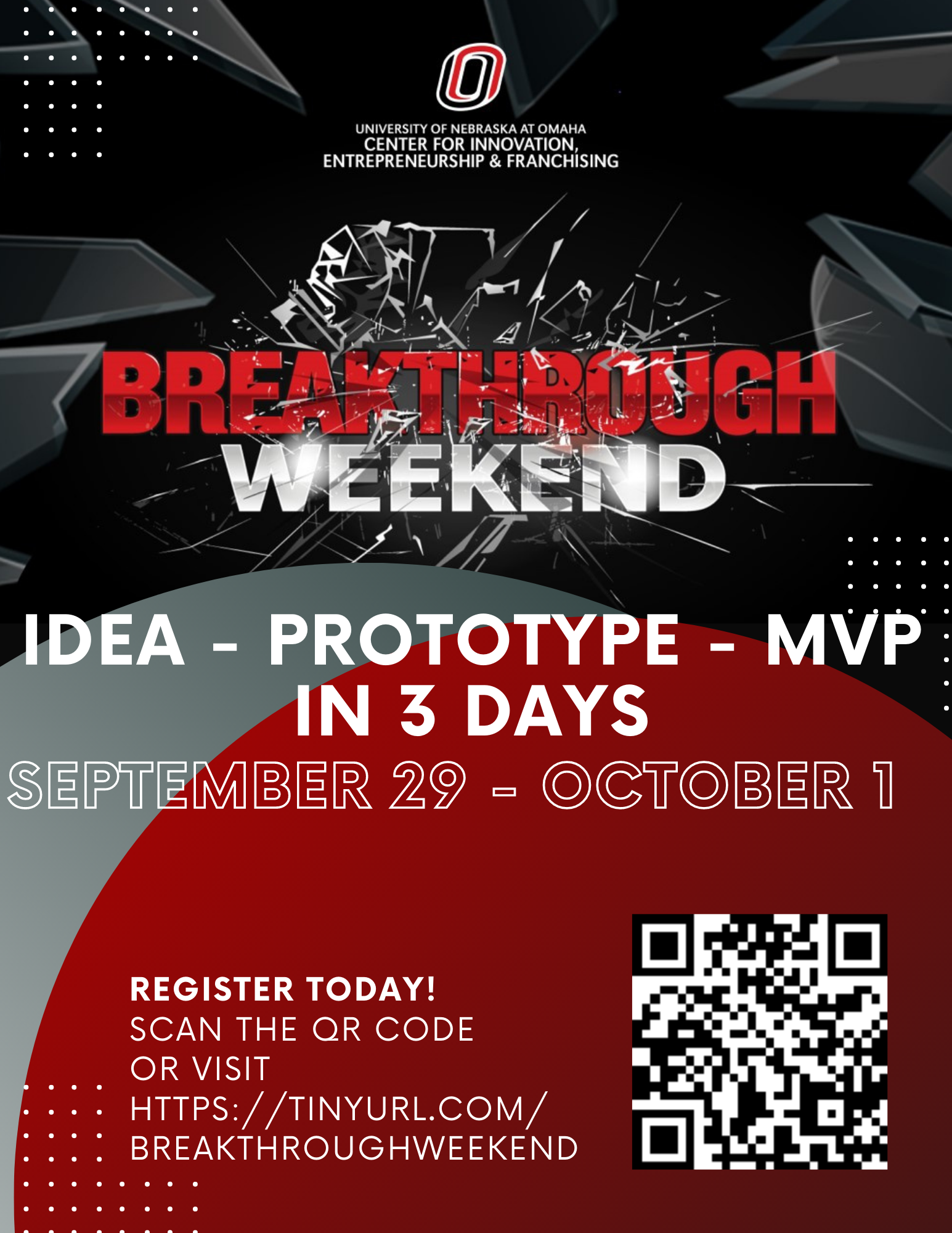 Breakthrough Weekend flyer with dates, registration link. Build a business in a weekend.