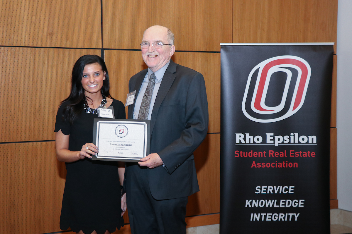 Mandi Backhaus is recognized at the 2018 Rho Epsilon banquet at Mammel Hall.