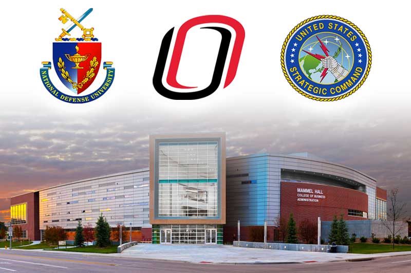 An image of a large building; three seals are overlayed at the top indicating National Defense University, University of Nebraska at Omaha, and United States Strategic Command