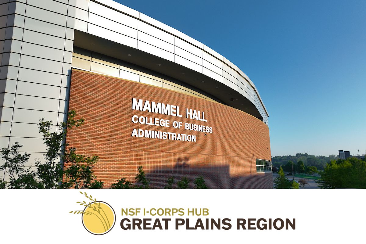 An image of the UNO College of Business Administration named Mammel Hall with a logo on top for the Great Plains Innovation Corps