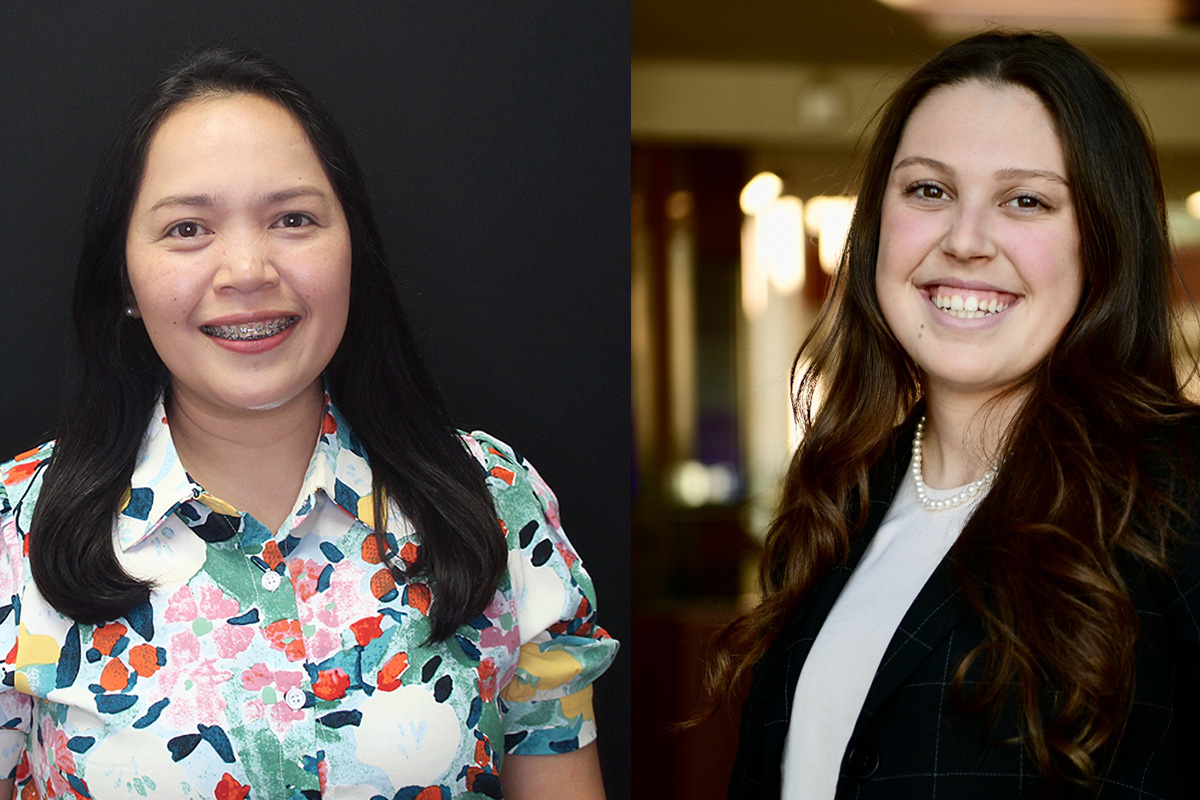 Two women smiling in side-by-side portraits. The woman on the left has long black hair, wears braces, and is dressed in a colorful floral shirt against a solid black background. The woman on the right has long brown hair, is wearing a black blazer over a light top with a pearl necklace, and stands in a warmly lit indoor setting.