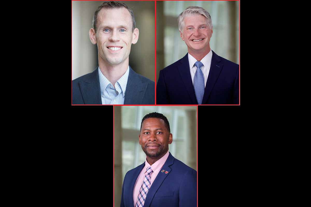 A collage of three professional headshots of men in suits, arranged with two portraits at the top and one below. All are smiling and posed against softly blurred indoor backgrounds.