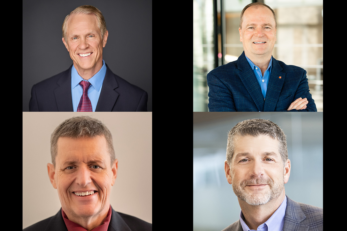 A collage of four professional headshots shows four men in business attire, each smiling at the camera against neutral or office-style backgrounds.
