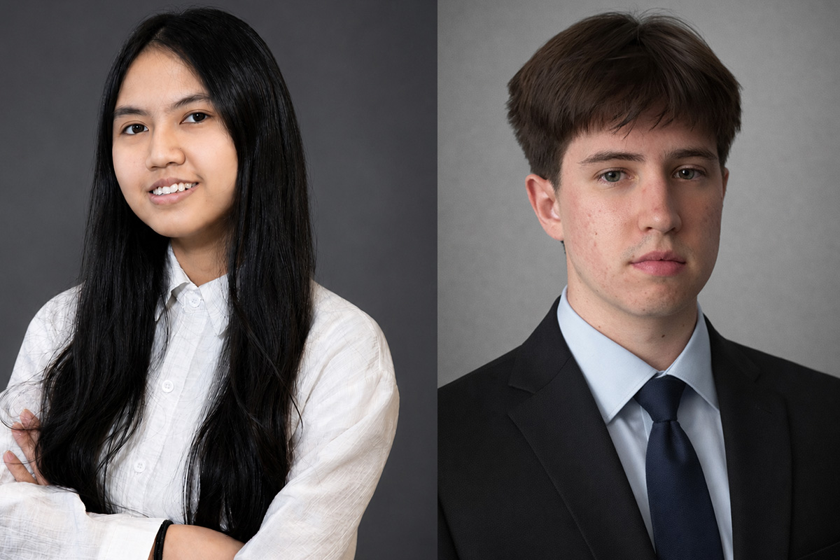 Two professional headshots displayed side by side. On the left, a person with long black hair wears a white button-up shirt and smiles slightly with their arms crossed against a dark gray background. On the right, a person with short brown hair wears a dark suit jacket, light blue dress shirt, and navy tie, looking directly at the camera with a neutral expression against a light gray background.