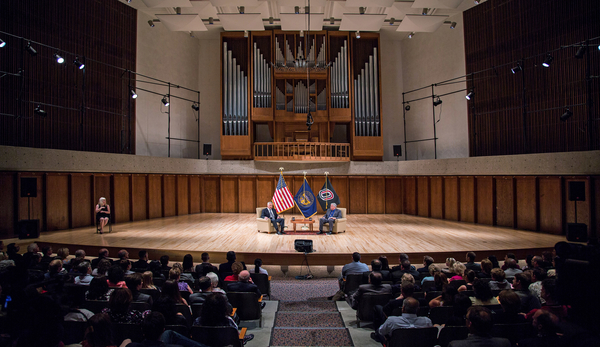 Secretary of Defense Chuck Hagel speaks in the SPAC Recital Hall