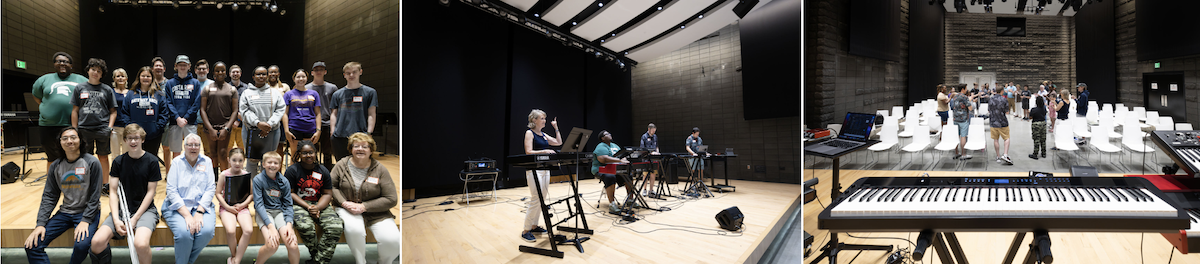 A collage showcasing a group photo of participants in a music program, a live music performance setup with musicians, and an empty auditorium with rows of chairs prepared for an event.