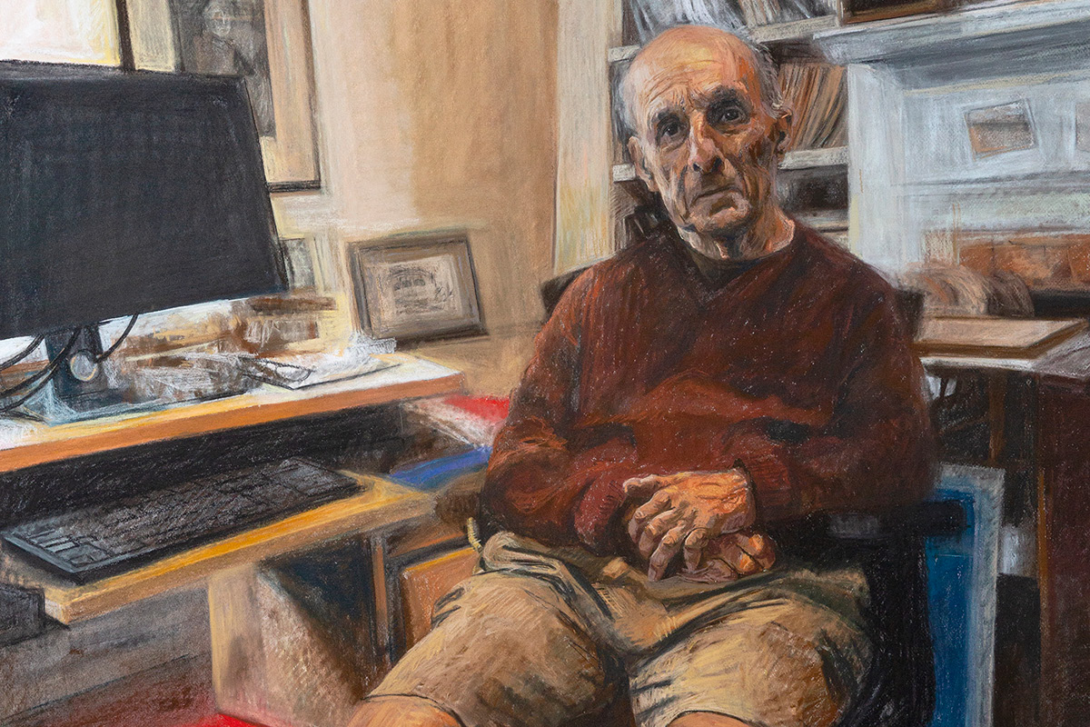 Painting of older gentleman in front of computer.