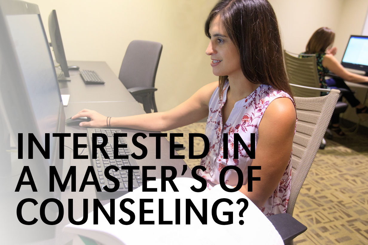 Two students sit at computers and study; the text, interested in a master's of counseling, is over the photo 