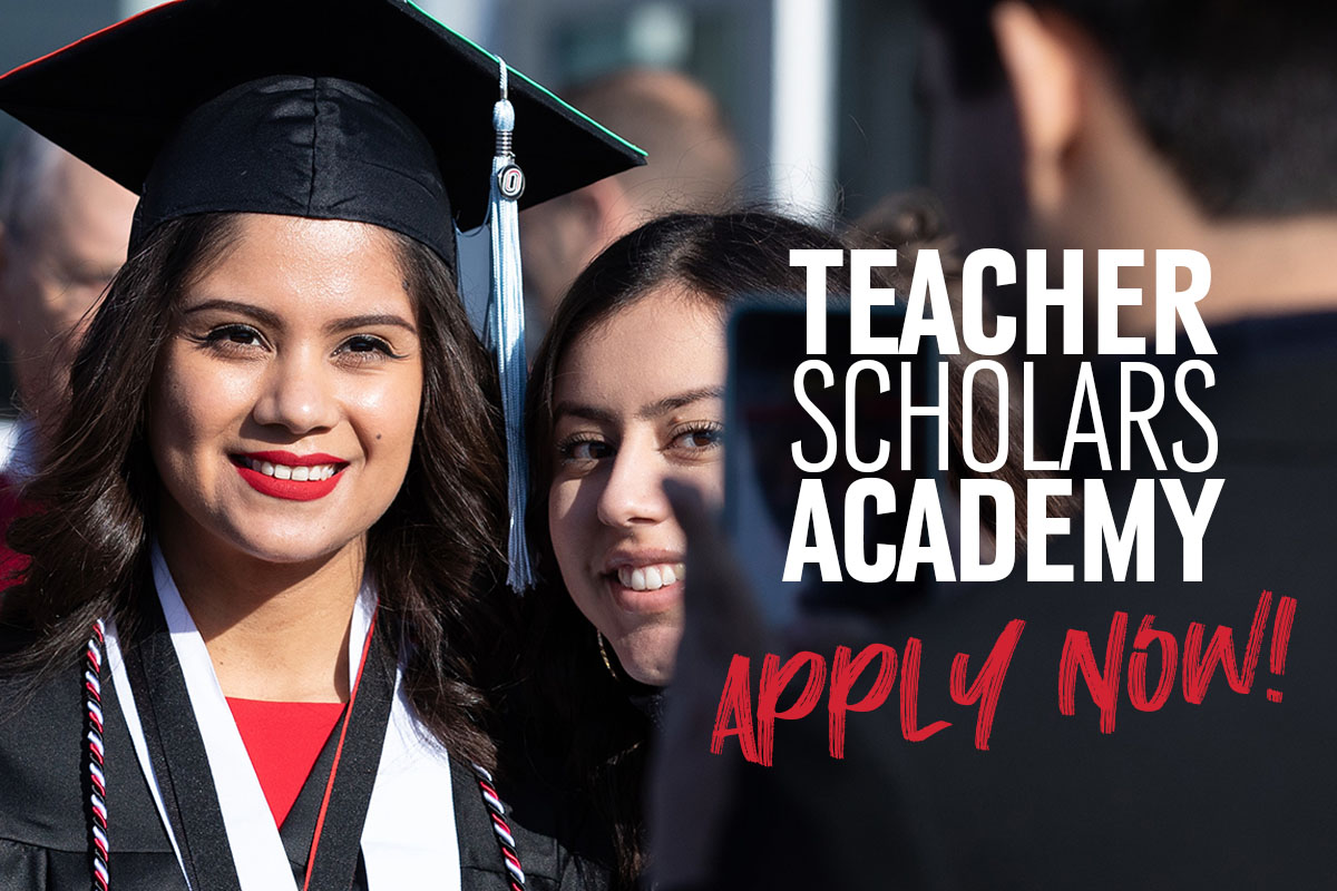 A new graduate stands with a family member, they get their picture taken. Text on the image states: Teacher Scholars Academy Apply Now!