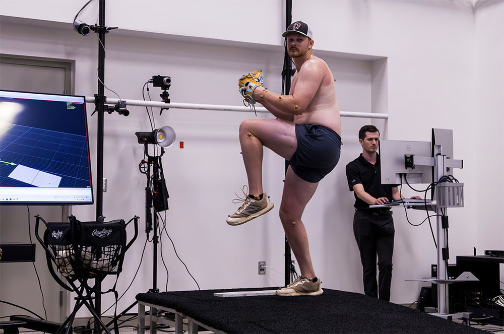 A pitcher gets analyzed in the UNO Pitching Lab