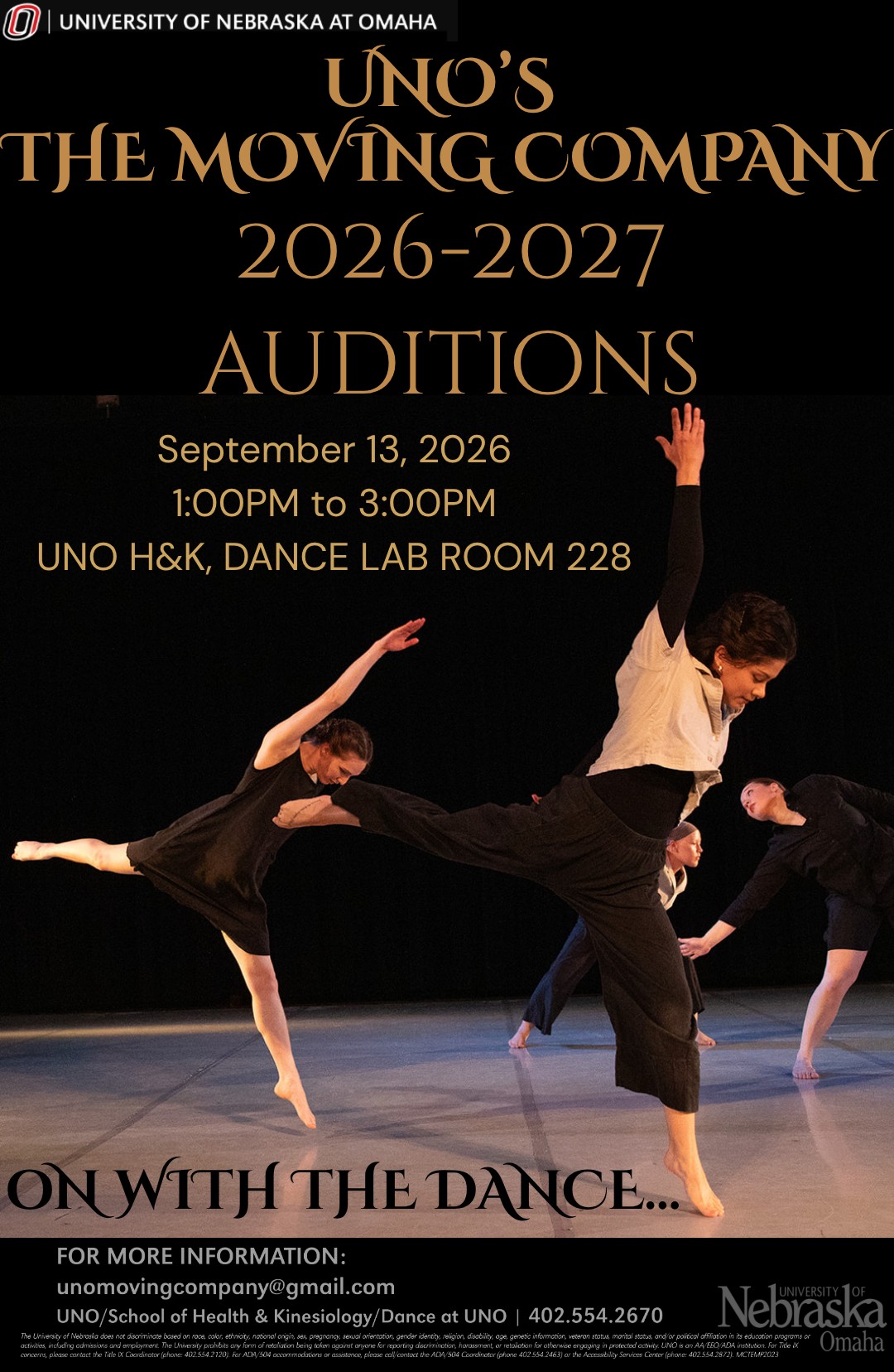 The Moving Company audition flyer with dancers doing a pirouette