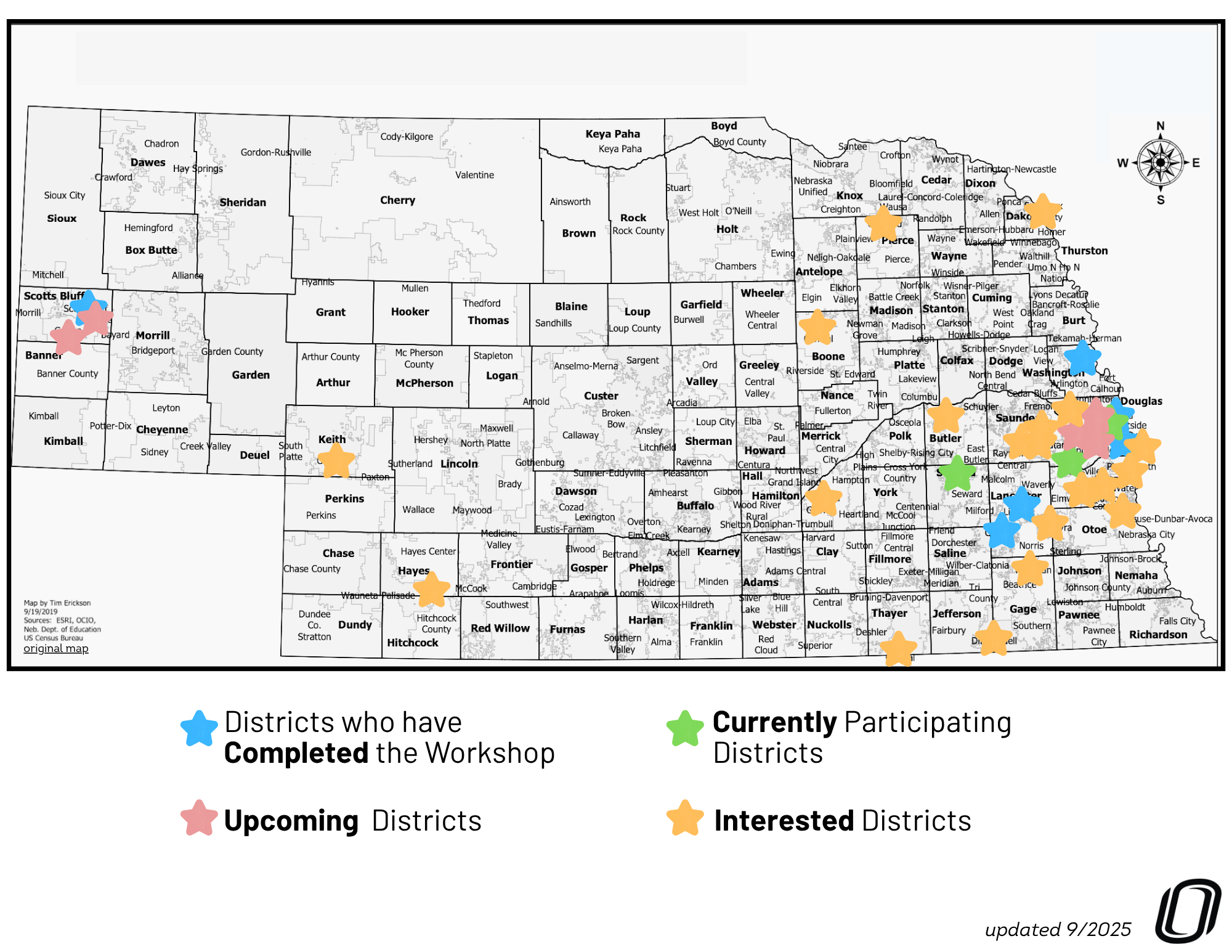 This is a map of Nebraska highlighting the school districts and ESUs the NE Early Literacy Workshop has supported.