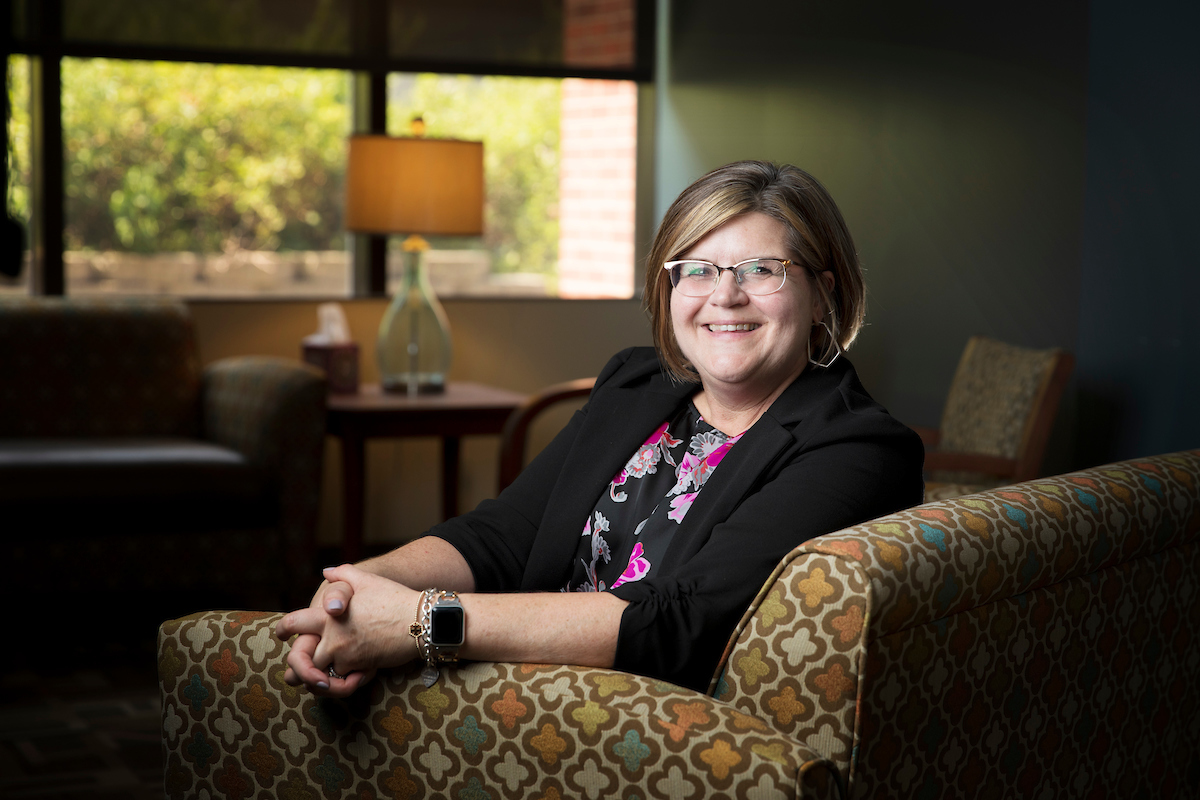 Dr. Tina Chasek sits in the Community Counseling Clinic at Roskens Hall