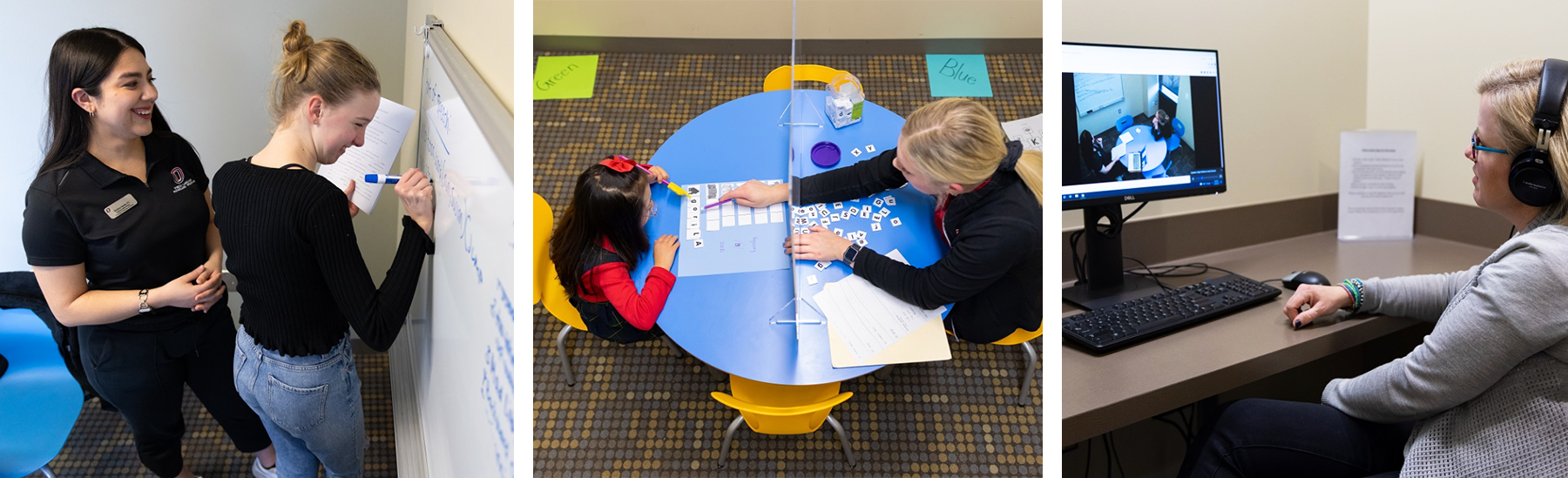 A montage of students working with clients in the speech-language clinic