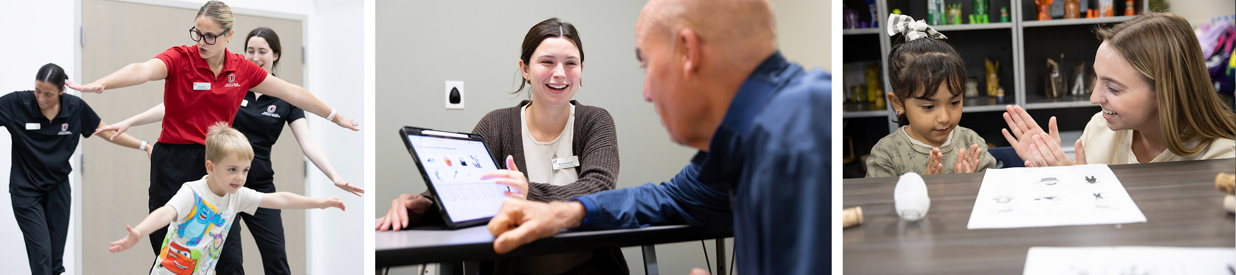 Images of clinicians working with kids and older adults in school and clinic settings