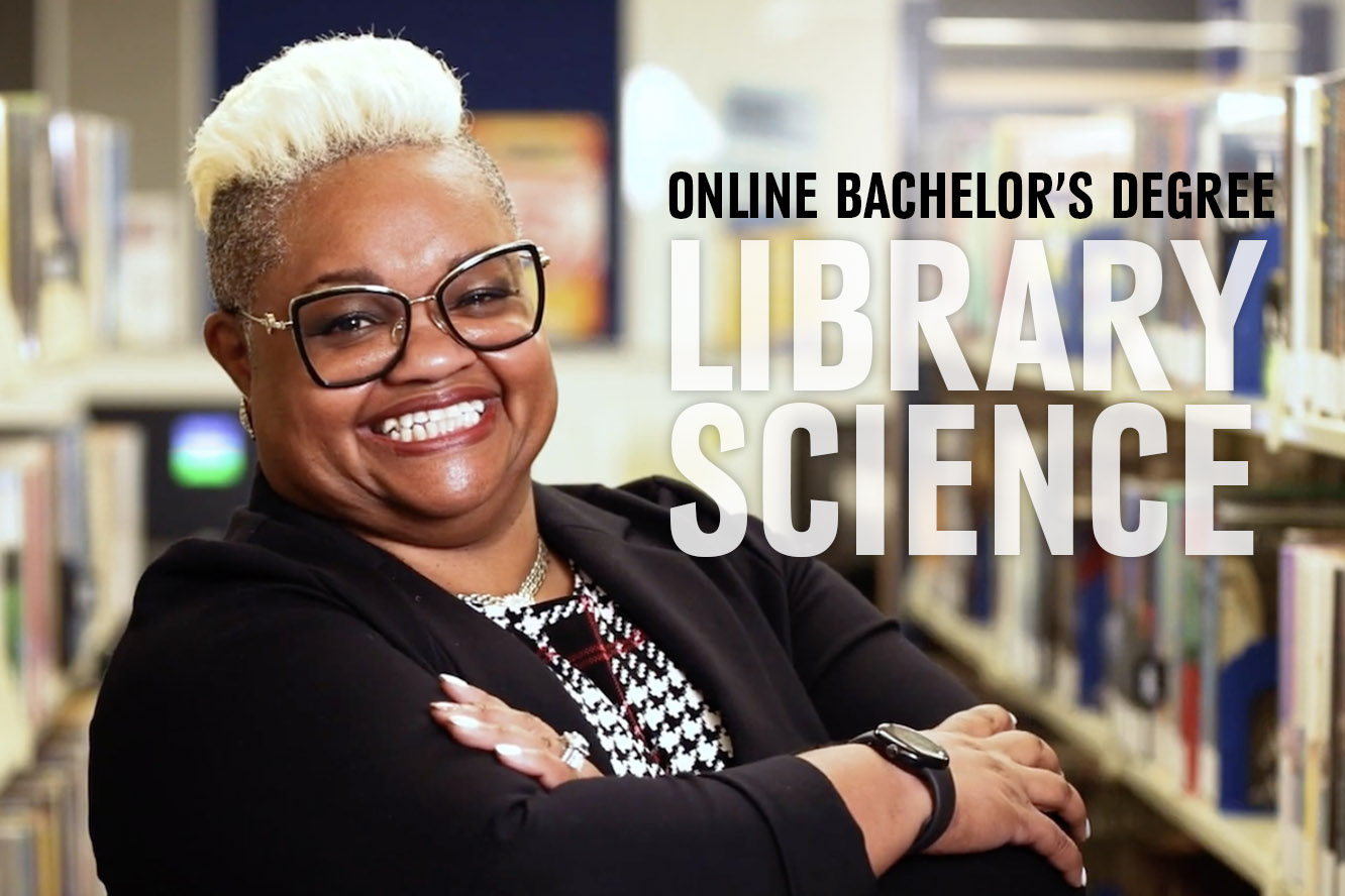 A librarian stands in front of a shelf of books, text on image reads: Online Bachelor's Library Science