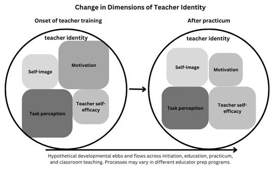 The illustration shows teacher identity changes from training onset to practicum, highlighting self-image, motivation, task perception, and teacher self-efficacy.