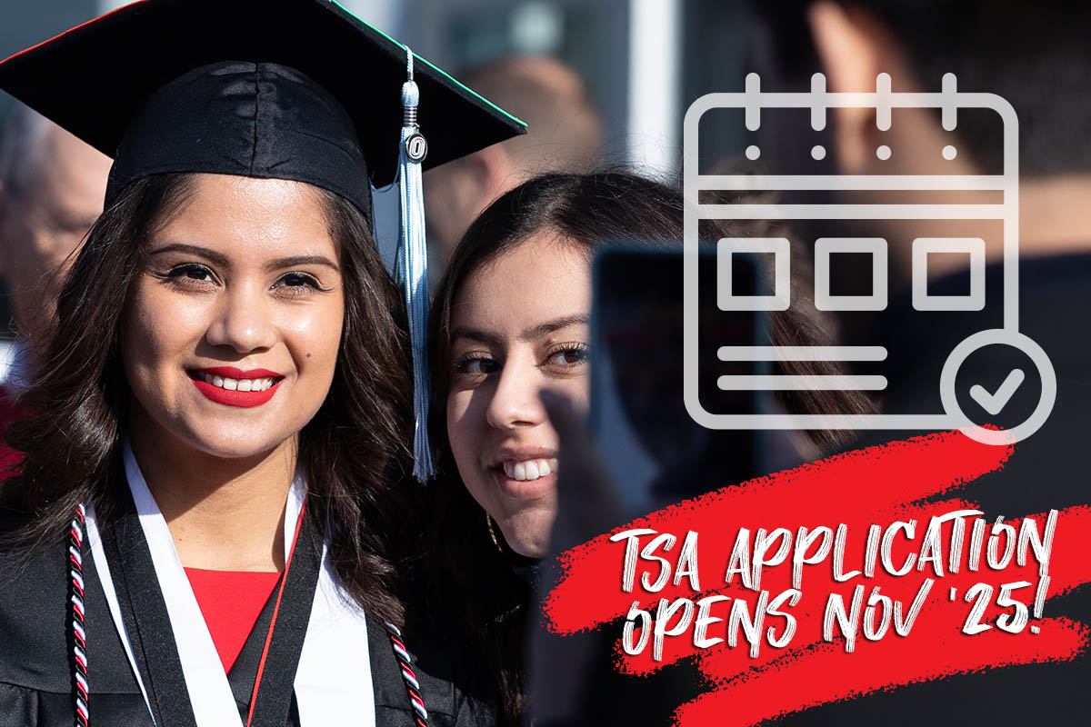 Two women pose for a photo with the text "Application opens Nov '25" and illustration of a calendar