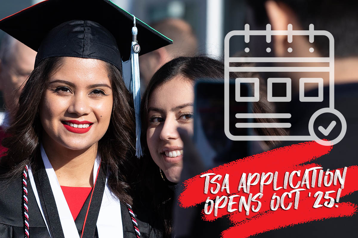 Two women pose for a photo with the text "Application opens Oct '25" and illustration of a calendar 