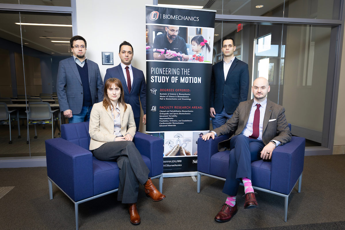 Research team sits in the lobby of the Biomechanics Research Building: Yury Salkovskiy, Ph.D.; Majid Jadidi, Ph.D.; and Kaspars Maleckis, Ph.D.; Front row from left: Anastasia Desyatova, Ph.D.; and Alexey Kamenskiy, Ph.D.