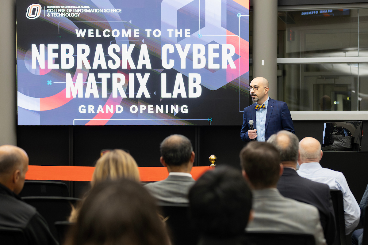Matt Hale, Ph.D., Nebraska Matrix Program Director, delivers remarks at the grand opening ceremony