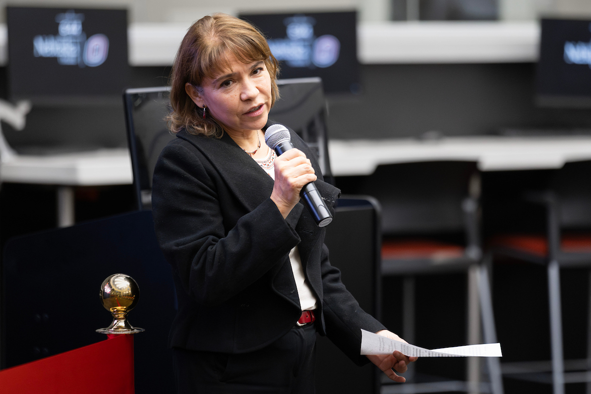 College of IS&T Dean Martha Garcia-Murillo, Ph.D., delivers keynote remarks during the Nebraska Cyber Matrix Lab grand opening on Nov. 12.