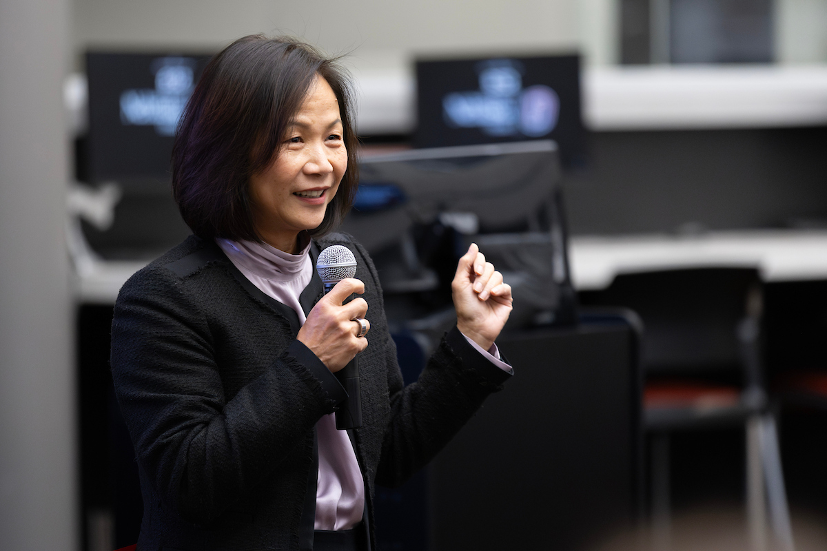 UNO Chancellor Joanne Li, Ph.D., CFA, delivers keynote remarks at the Nebraska Cyber Matrix Lab grand opening ceremony.