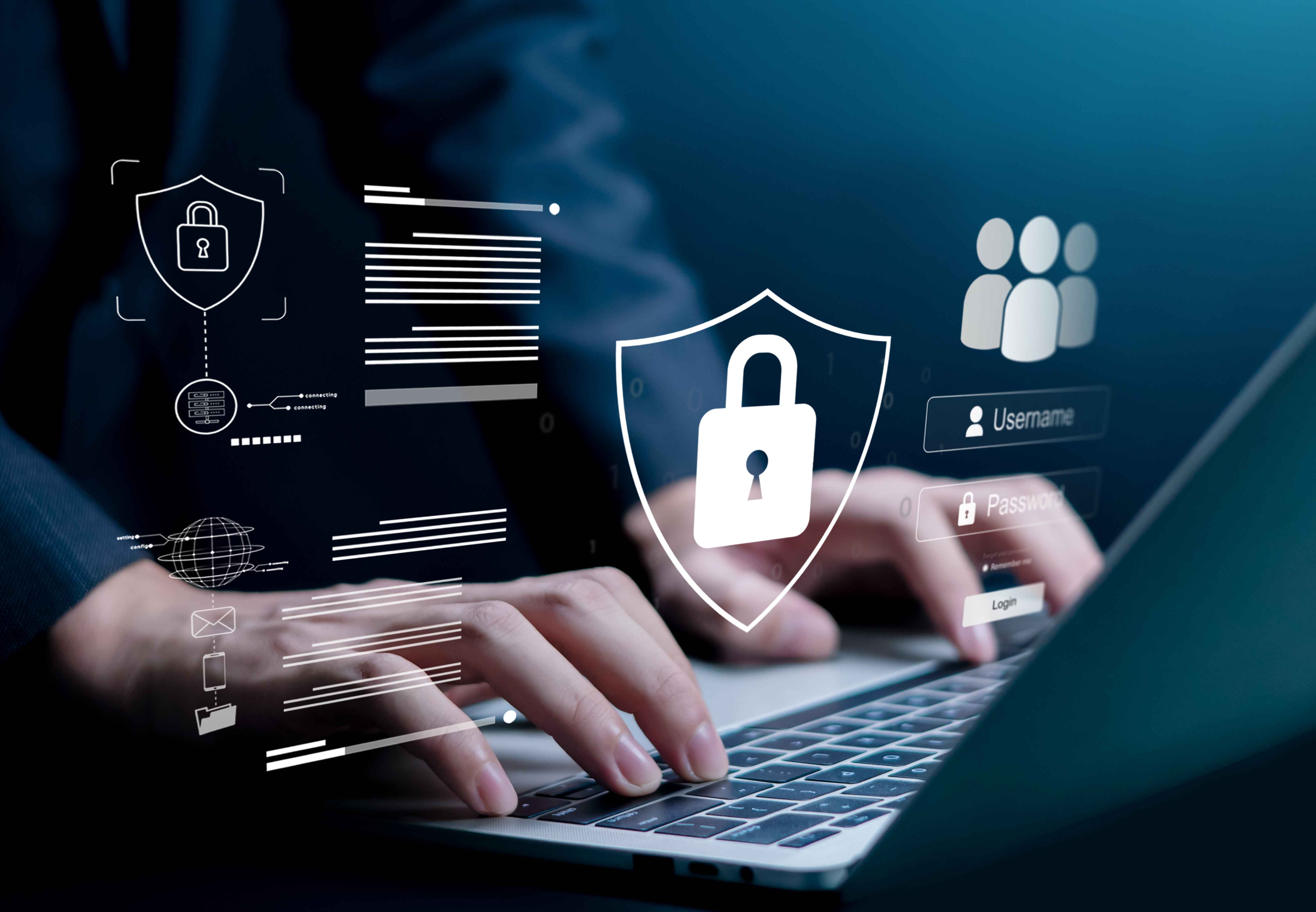 Hands typing on a laptop with overlaid graphics of a padlock shield, login fields, and digital data icons representing cybersecurity and user authentication.