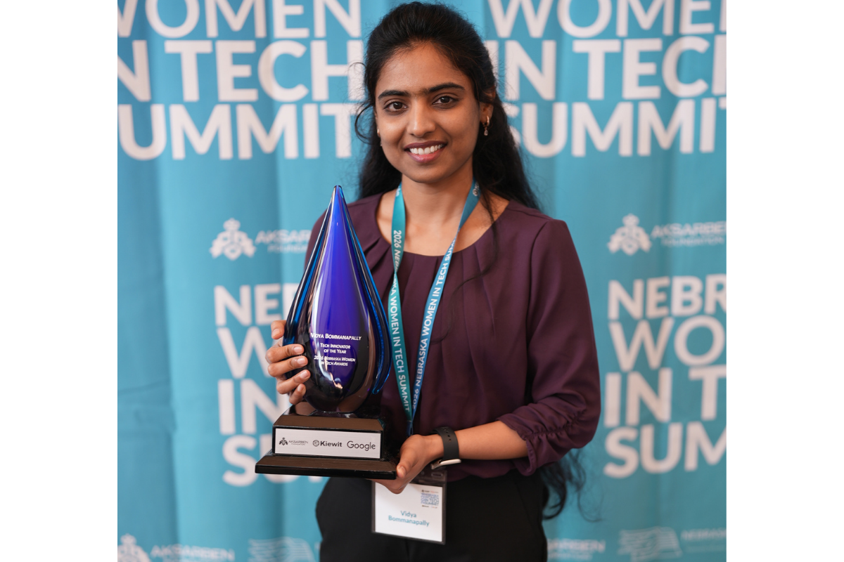 Vidya Bommanapally, UNO PhD candidate in Computing and Information Science, holds the 2026 Tech Innovator of the Year award at the Nebraska Women in Tech Summit.