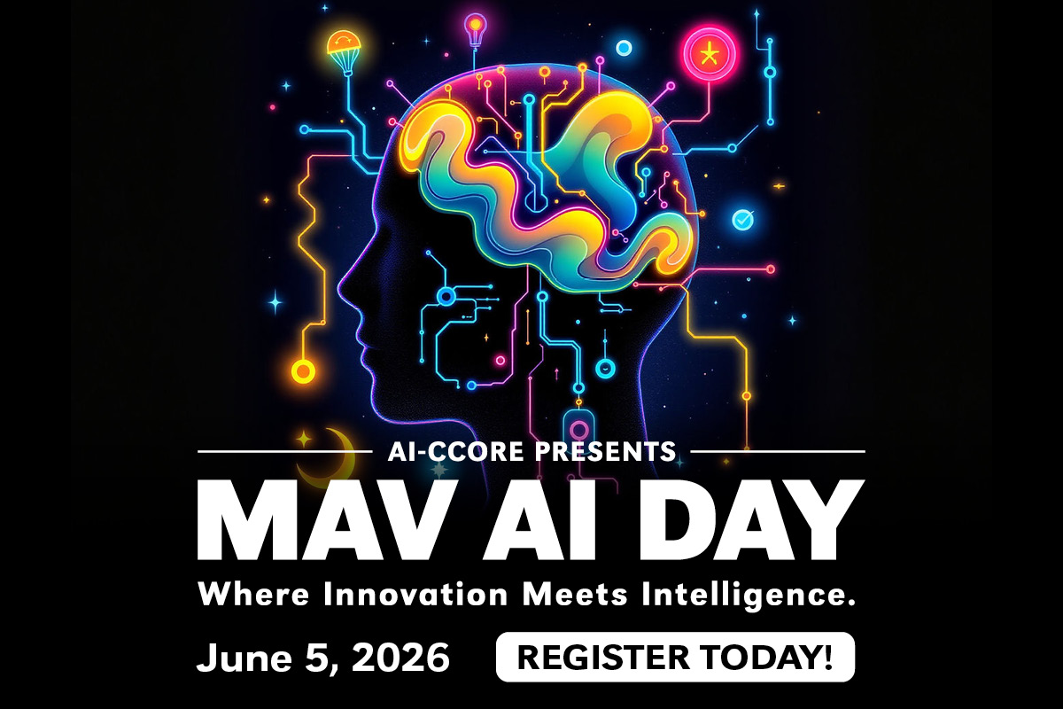 Promotional graphic for Mav AI Day hosted by AI-CCORE at the University of Nebraska Omaha College of Information Science & Technology. Features a glowing neon illustration of a human head silhouette with a colorful brain and circuit board elements. Text reads: "Where Innovation Meets Intelligence. June 5, 2026. Register Today!"