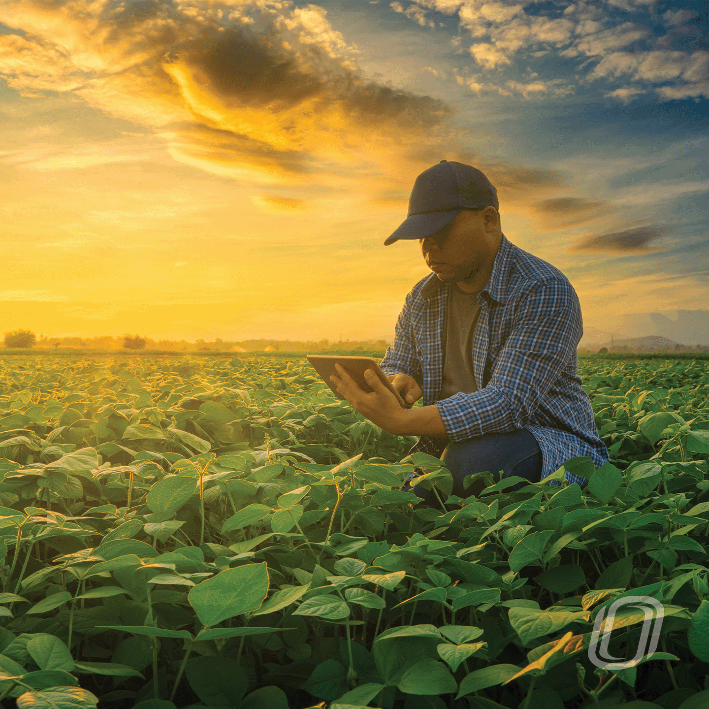 a photo depicting a farmer standing in the middle of a large bean field while looking down at an electronic device