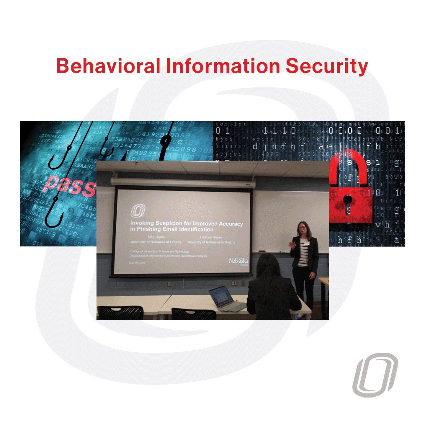 a photo of a UNO faculty member speaking in front of a presentation display, with two cybersecurity graphics behind the photo
