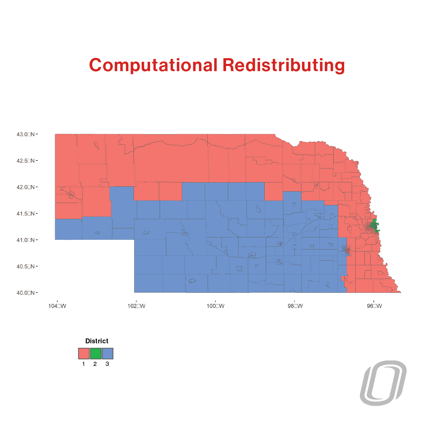 a district map of the state of nebraska with the title "computational redistributing"