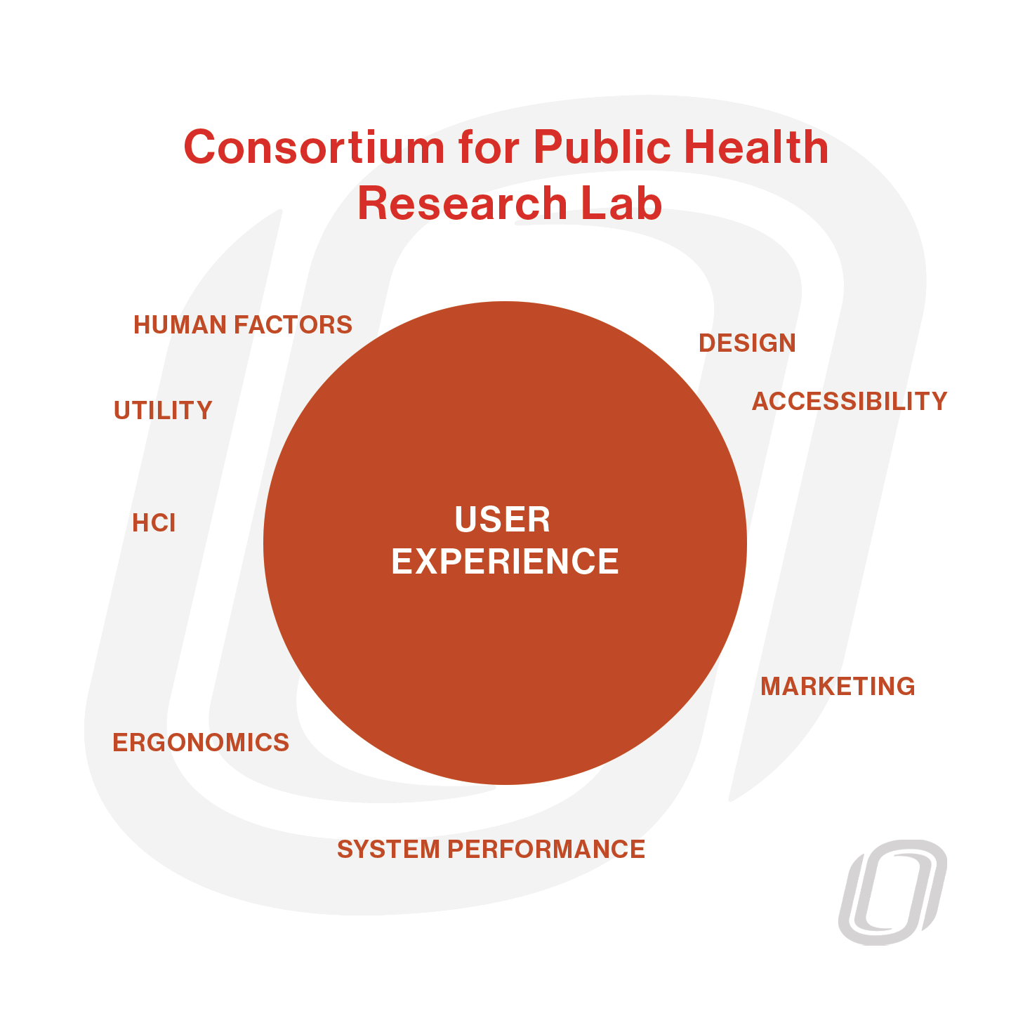 a circular chart labeled user experience with keywords to describe usability research surrounding the circle, with a title "Consortium for Public Health Research Lab"