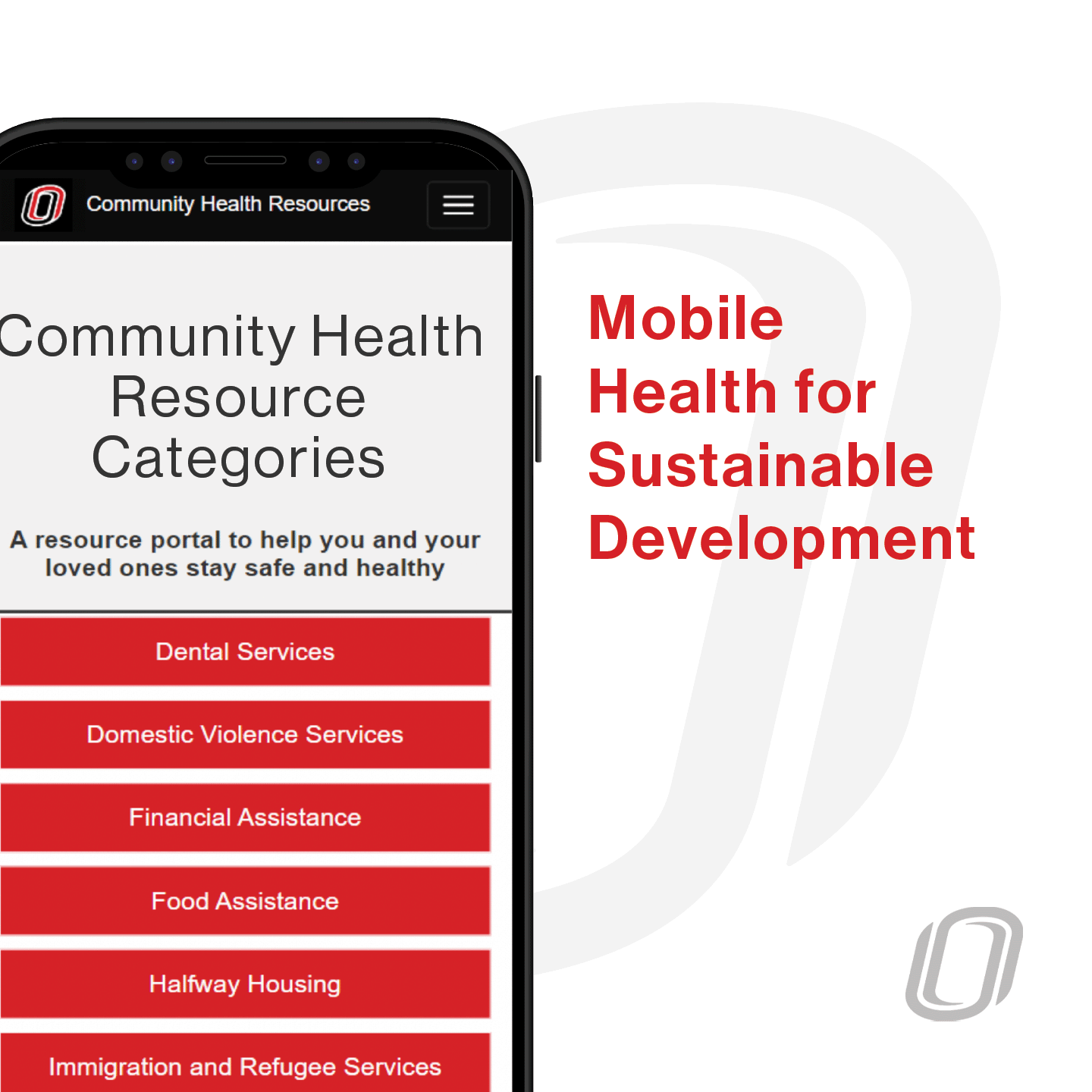a cell phone that shows the home page for the UNO Community Health Resources application