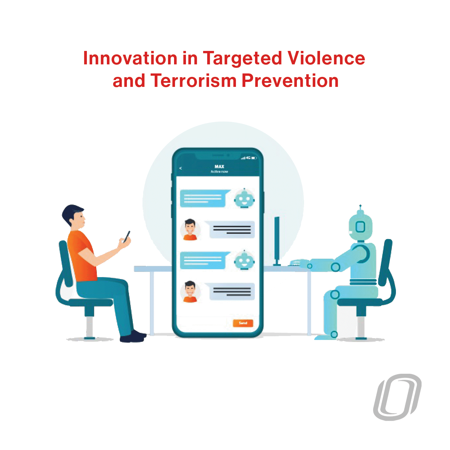 a vector graphic of a cellular device in between a robot and a human with the title "innovation in targeted violence and terrorism prevention"