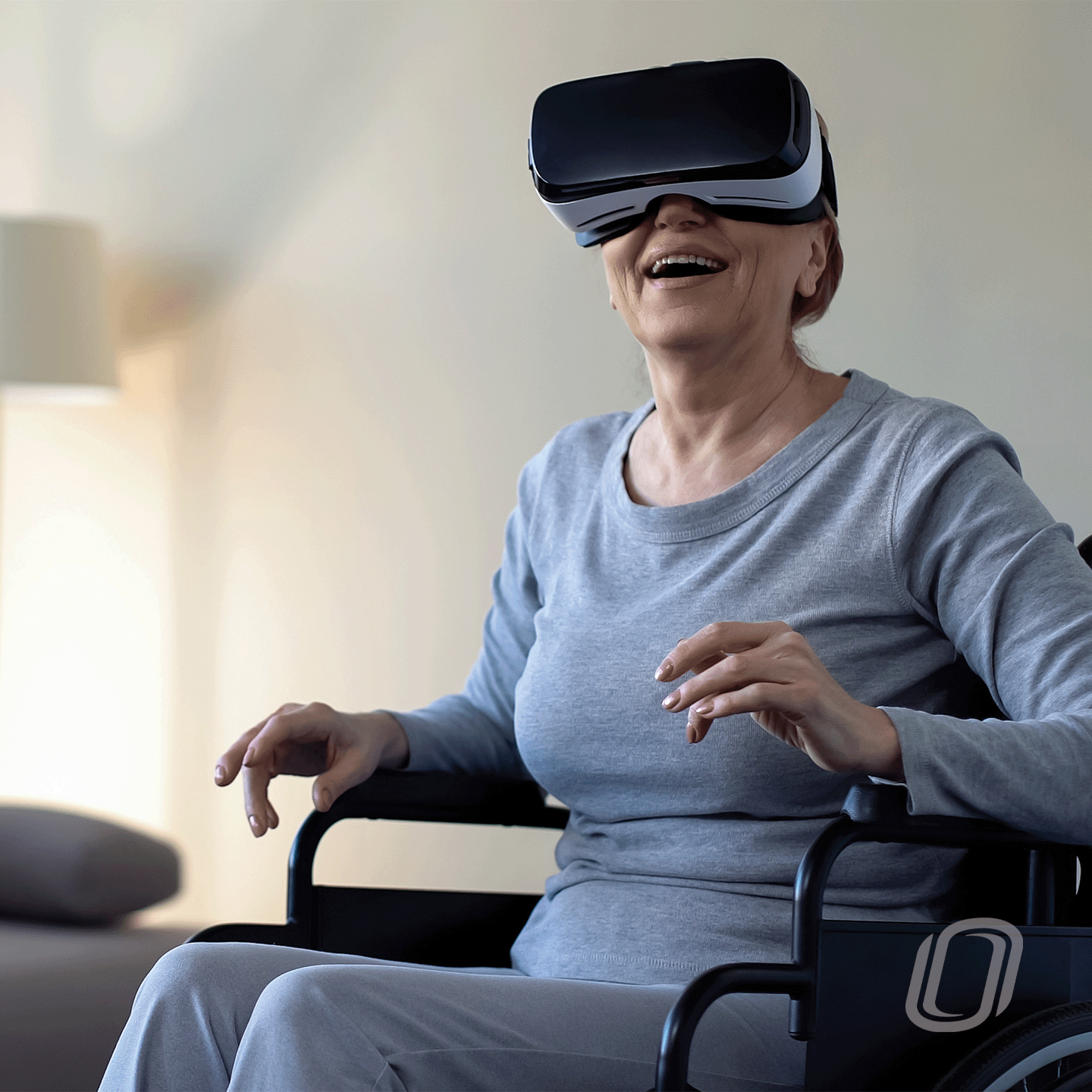 elderly lady in a wheel chair wearing a vr headset