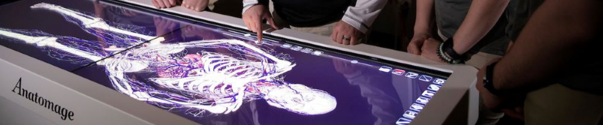 Four students and an instructor are gathered around an interactive Anatomage table, examining a digital anatomical model displayed on the screen. The group is engaged in a hands-on learning activity, likely within a health informatics or medical training setting. The room is dimly lit, focusing attention on the detailed visual representation of the human anatomy on the table.