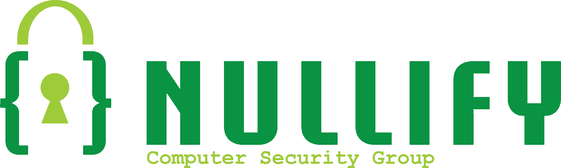 NULLIFY Computer Security Group logo featuring a green padlock icon with keyhole next to the group name in green text
