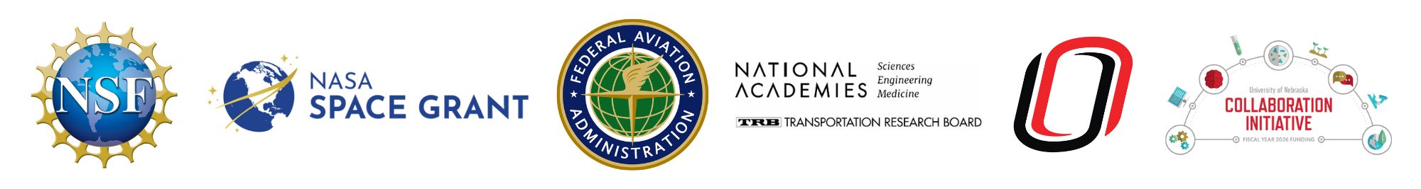 NSF Logo, NASA Logo, FAA Logo, National Academies Logo, UNO Logo, SiRUS Lab Logo
