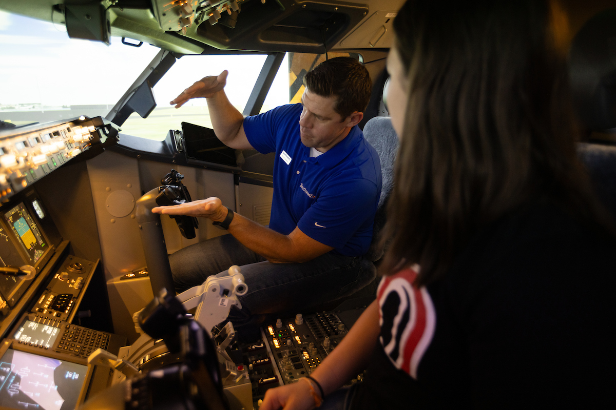Southwest Captain teaching our students in UNO's Boeing 737 simulator.