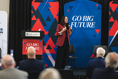 Director Josie Gatti Schafer presenting at the Nebraska Chamber Foundation's Go Big Future: Nebraska Impact Wrapped.