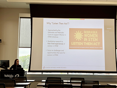 CPAR Assistant Director Morgan Vogel presenting at the Nebraska Women in STEM revisiting the "Listen Then Act" report update